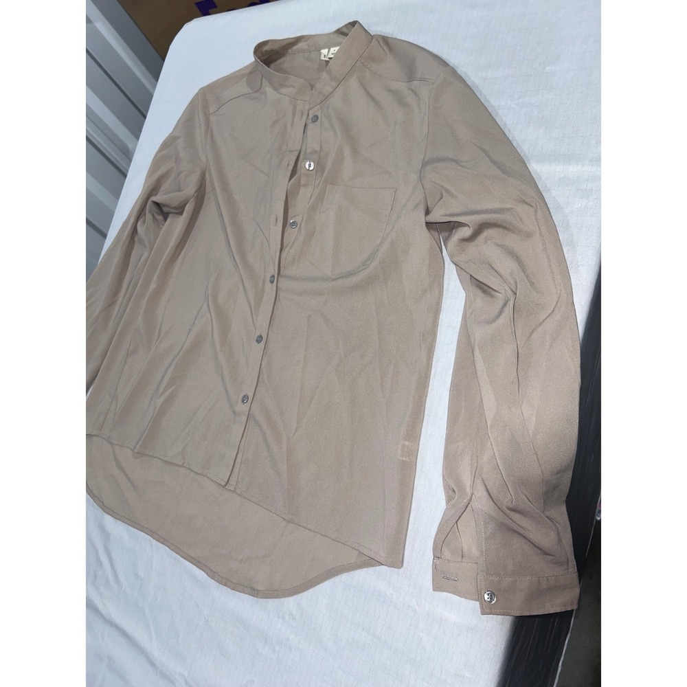 Frenchi Tan Khaki Band Collar Button Up High Low Blouse Shirt Womens Small